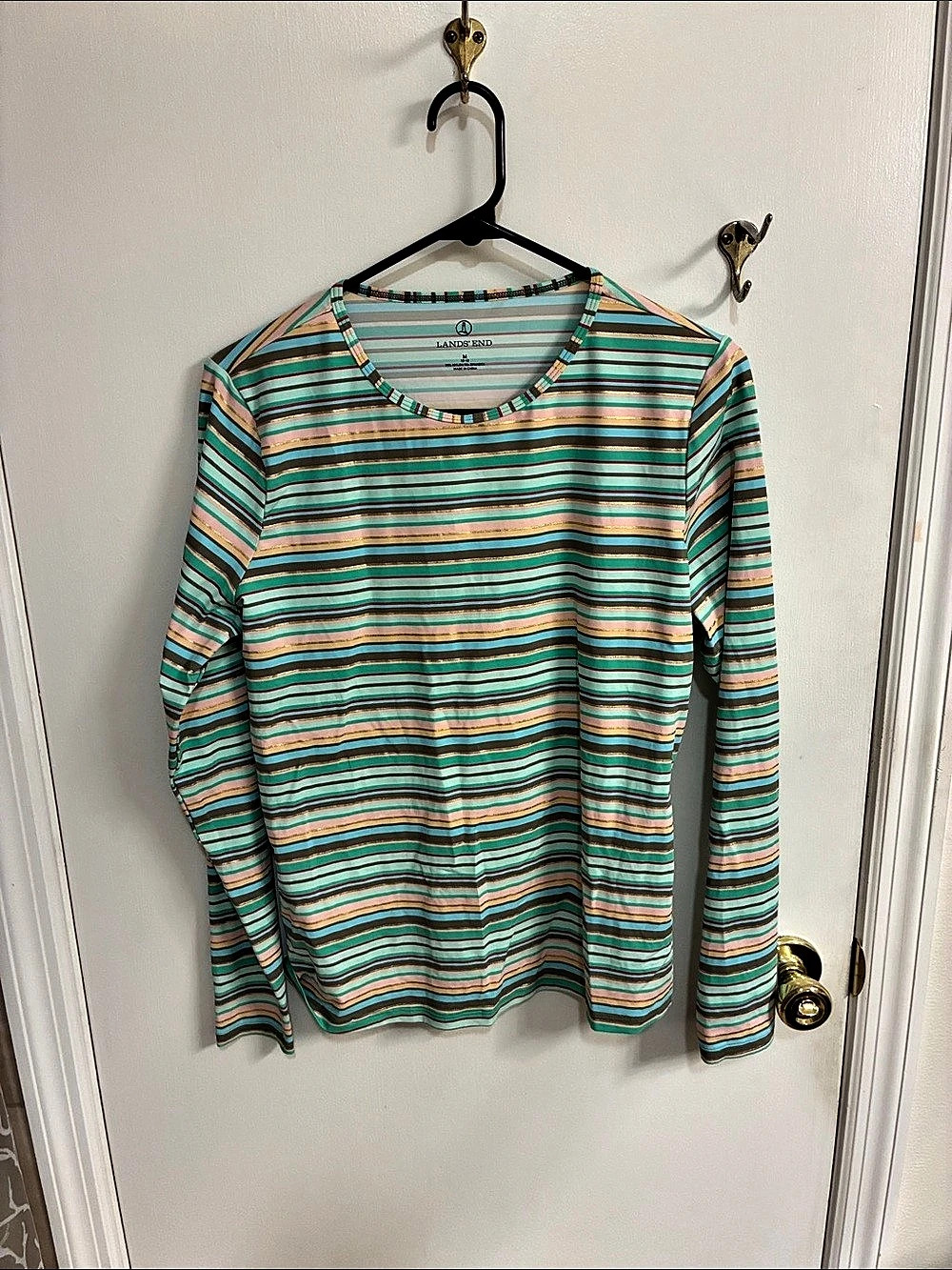 Lands' End Striped Long Sleeve SwimTop in Green & Blue-Rash Guard UPF-Size Mediu
